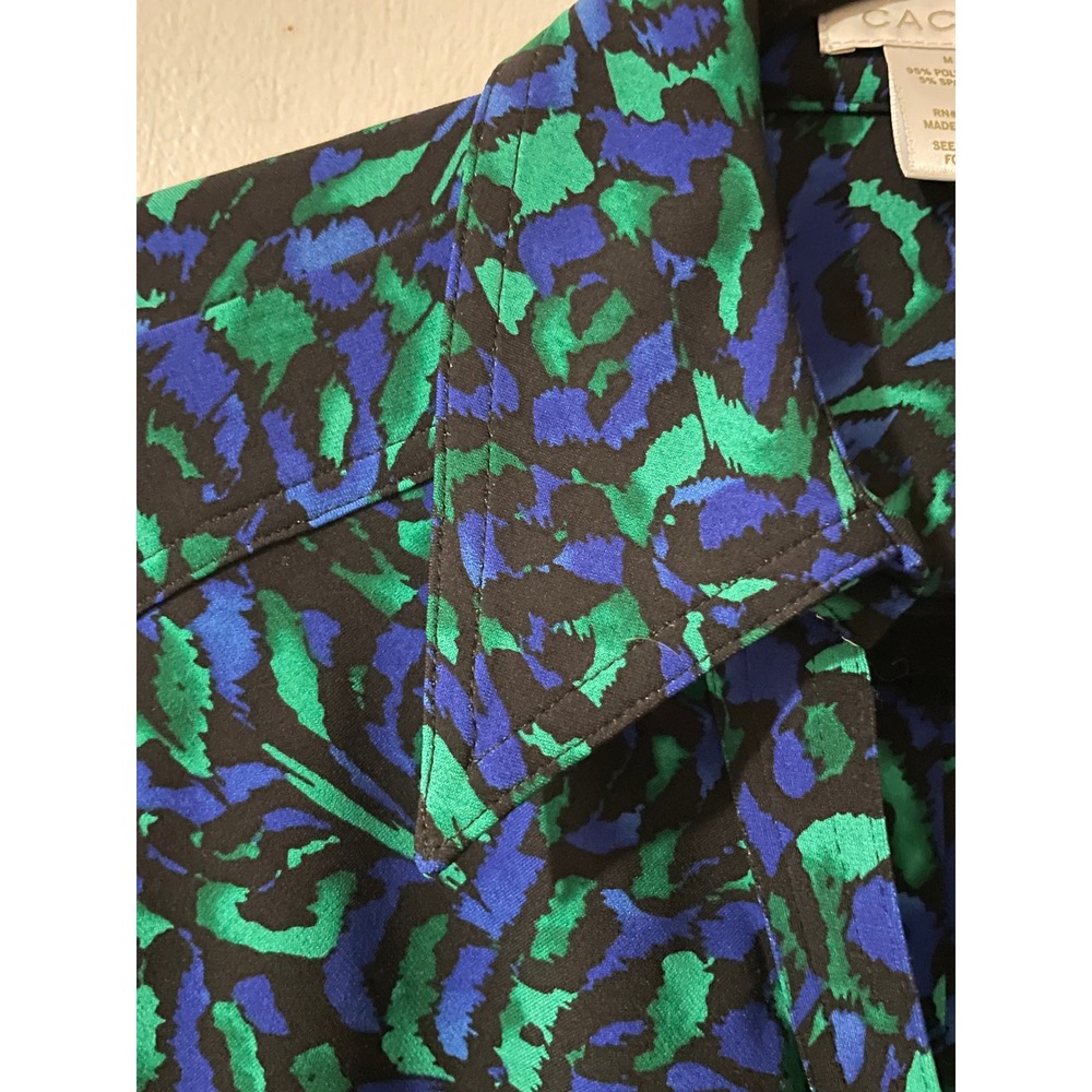 Cache Dress Women's Size M Blue Green Abstract Print Button Front Tie Waist Midi - Picture 2 of 7